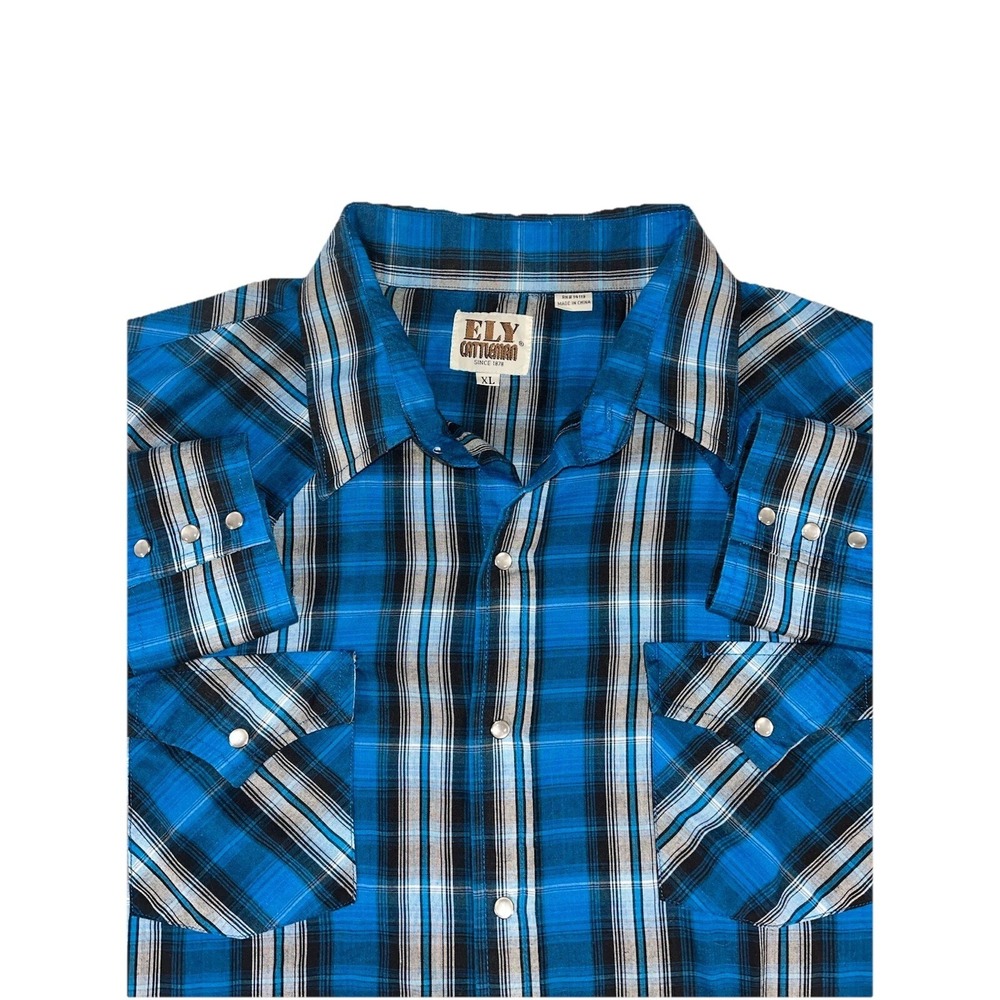 ELY Cattleman Vintage Pearl Snap Blue Plaid Western Long‎ Sleeve Button Size XL